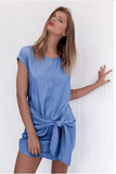 DENIM FRONT BOW SHEATH DRESS - B ANN'S BOUTIQUE