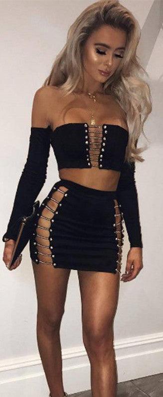 Split Chiffon Lace Up Skirt Set