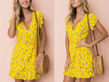 YELLOW FLORAL MINI ITS A WRAP DRESS - B ANN'S BOUTIQUE, LLC