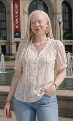 BLUSHING BLOOMS LACE PUFF SLEEVES BLOUSE