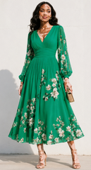 BLOOMING FLORAL CHIFFON MIDI  DRESS