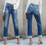 ASYMMETRICAL HIGH-WAIST FRAYED DENIM ANKLE PANTS - B ANN'S BOUTIQUE, LLC