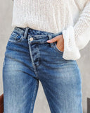 ASYMMETRICAL HIGH-WAIST FRAYED DENIM ANKLE PANTS - B ANN'S BOUTIQUE, LLC