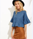 BELLA BUTTERFLY SLEEVE DENIM CROP TOP - B ANN'S BOUTIQUE