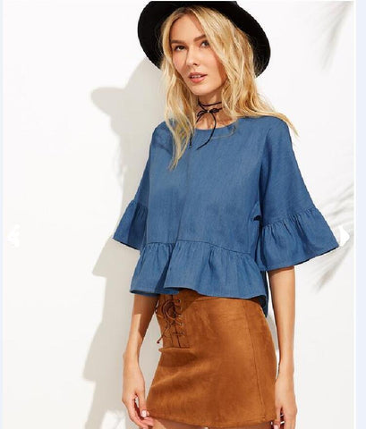 BELLA BUTTERFLY SLEEVE DENIM CROP TOP - B ANN'S BOUTIQUE
