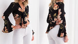 BLACK FLORAL CROPPED TOP WITH FLARE SLEEVE - B ANN'S BOUTIQUE