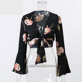 BLACK FLORAL CROPPED TOP WITH FLARE SLEEVE - B ANN'S BOUTIQUE