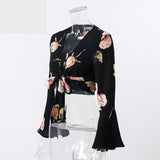 BLACK FLORAL CROPPED TOP WITH FLARE SLEEVE - B ANN'S BOUTIQUE