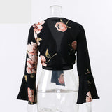 BLACK FLORAL CROPPED TOP WITH FLARE SLEEVE - B ANN'S BOUTIQUE