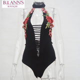 BLACK FLORAL EMBROIDERED BODYSUIT - B ANN'S BOUTIQUE