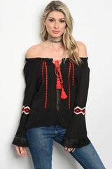 BLACK OFF-THE-SHOULDER FRINGE TOP