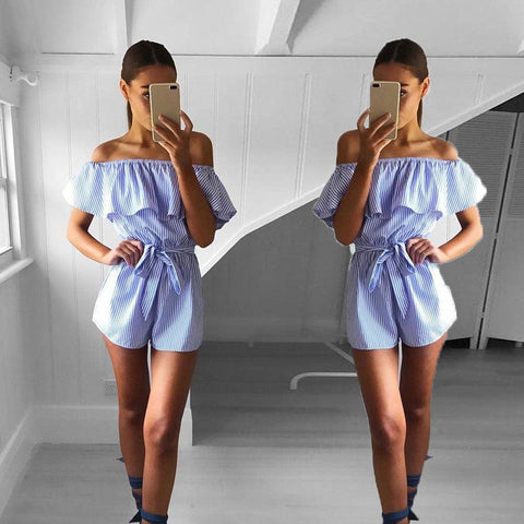 BLUE & WHITE STRIPED OFF-THE-SHOULDER ROMPER - B ANN'S BOUTIQUE