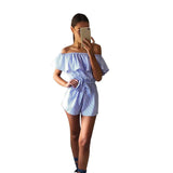 BLUE & WHITE STRIPED OFF-THE-SHOULDER ROMPER - B ANN'S BOUTIQUE