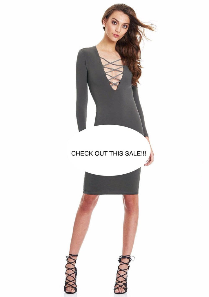 BODYCON LACE-UP FRONT DRESS Small / Taupe BODYCON LACE-UP FRONT DRESS Small / Taupe