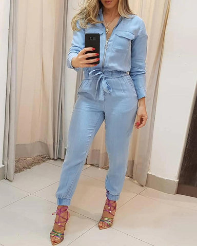 CHIC BLUE DENIM JUMPSUIT — ALL DAY - B ANN'S BOUTIQUE, LLC