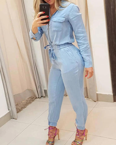 CHIC BLUE DENIM JUMPSUIT — ALL DAY - B ANN'S BOUTIQUE, LLC