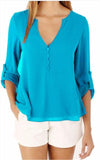 CHIFFON BUTTON-UP V-NECK BLOUSE  WITH 3/4 SLEEVES - B ANN'S BOUTIQUE