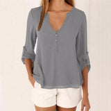 CHIFFON BUTTON-UP V-NECK BLOUSE  WITH 3/4 SLEEVES - B ANN'S BOUTIQUE