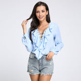 CHIFFON RUFFLED COLLAR LACE-UP TOP - B ANN'S BOUTIQUE