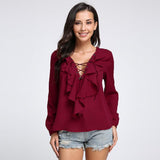 CHIFFON RUFFLED COLLAR LACE-UP TOP - B ANN'S BOUTIQUE