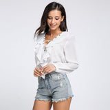 CHIFFON RUFFLED COLLAR LACE-UP TOP - B ANN'S BOUTIQUE