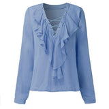 CHIFFON RUFFLED COLLAR LACE-UP TOP - B ANN'S BOUTIQUE