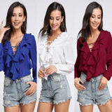 CHIFFON RUFFLED COLLAR LACE-UP TOP - B ANN'S BOUTIQUE