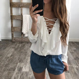 CHIFFON RUFFLED COLLAR LACE-UP TOP - B ANN'S BOUTIQUE