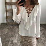 CHIFFON RUFFLED COLLAR LACE-UP TOP - B ANN'S BOUTIQUE