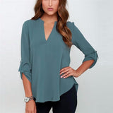 CHIFFON V-NECK BLOUSE  WITH 3/4 SLEEVES - B ANN'S BOUTIQUE