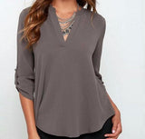 CHIFFON V-NECK BLOUSE  WITH 3/4 SLEEVES - B ANN'S BOUTIQUE