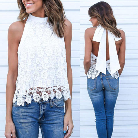 CROTCHETD LACE & BOW HALTER TOP - B ANN'S BOUTIQUE