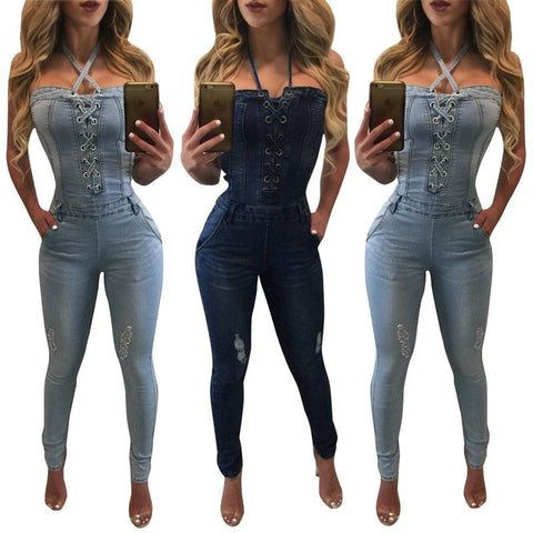 FITTED DENIM LACE-UP JUMPSUIT - B ANN'S BOUTIQUE