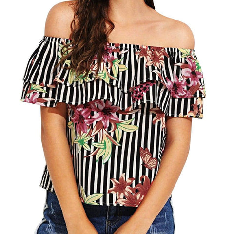 FLORA’S FLORAL STRIPE RUFFLED TOP - B ANN'S BOUTIQUE