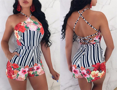 HOLLY’S HALTER FLORAL STRIPED ROMPER - B ANN'S BOUTIQUE