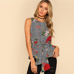 HOLLY'S HOUNDSTOOTH FLORAL BELTED TOP