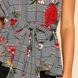 HOLLY'S HOUNDSTOOTH FLORAL BELTED TOP - B ANN'S BOUTIQUE