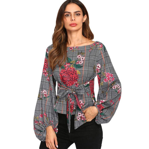 HOLLY’S HOUNDSTOOTH FLORAL LANTERN SLEEVE TOP - B ANN'S BOUTIQUE