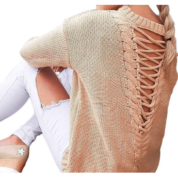KNITTED SWEATER WITH LACE-UP BACK - B ANN'S BOUTIQUE