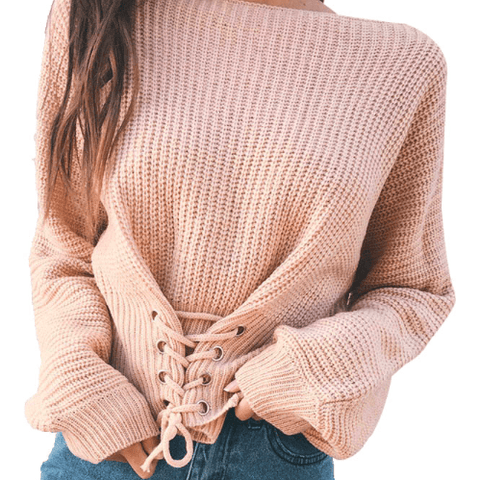 KNITTED WOMENS SWEATER WITH LACE-UP IN FRONT - B ANN'S BOUTIQUE