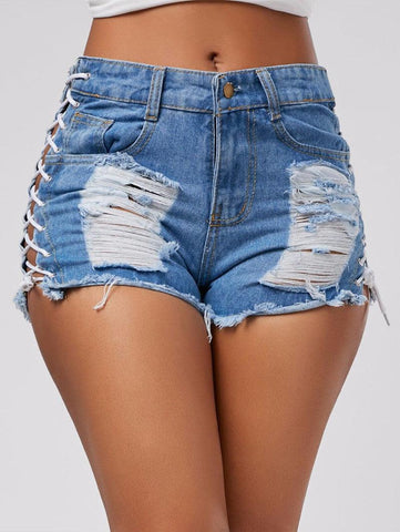 LACE-UP FRAYED DENIM SHORTS - B ANN'S BOUTIQUE