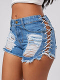 LACE-UP FRAYED DENIM SHORTS - B ANN'S BOUTIQUE