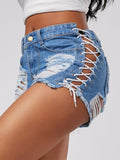LACE-UP FRAYED DENIM SHORTS - B ANN'S BOUTIQUE