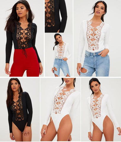 LONG SLEEVE LACE CROTCHET LACE-UP BODYSUIT - B ANN'S BOUTIQUE