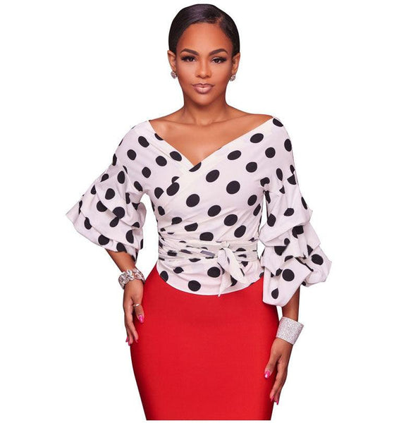 Polka Dot Wrap Blouse Small White with Black Polka Dots