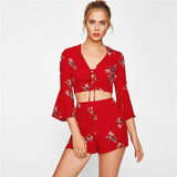 RED FLORAL FLARE SLEEVE LACE-UP SHORTS SET - B ANN'S BOUTIQUE, LLC