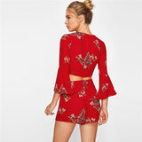 RED FLORAL FLARE SLEEVE LACE-UP SHORTS SET - B ANN'S BOUTIQUE, LLC