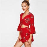 RED FLORAL FLARE SLEEVE LACE-UP SHORTS SET - B ANN'S BOUTIQUE, LLC