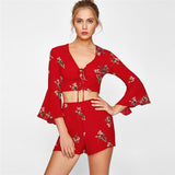 RED FLORAL FLARE SLEEVE LACE-UP SHORTS SET - B ANN'S BOUTIQUE, LLC