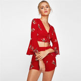 RED FLORAL FLARE SLEEVE LACE-UP SHORTS SET - B ANN'S BOUTIQUE, LLC